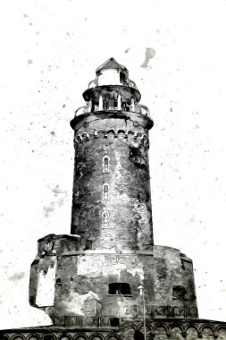 El çizimi suluboya deniz feneri illüstrasyon sanat klasiği çizimi