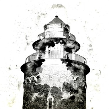 El çizimi suluboya deniz feneri illüstrasyon sanat klasiği çizimi
