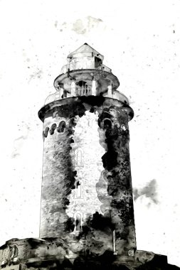 El çizimi suluboya deniz feneri illüstrasyon sanat klasiği çizimi