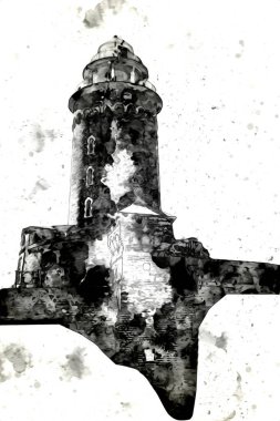 El çizimi suluboya deniz feneri illüstrasyon sanat klasiği çizimi