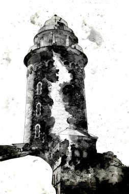 El çizimi suluboya deniz feneri illüstrasyon sanat klasiği çizimi
