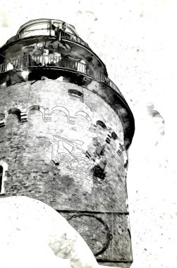 El çizimi suluboya deniz feneri illüstrasyon sanat klasiği çizimi