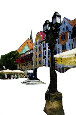 Kolobrzeg eski şehir, belediye binası, poland resim çizimi