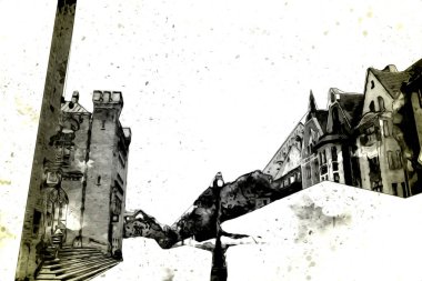 Kolobrzeg eski şehir, belediye binası, poland resim çizimi