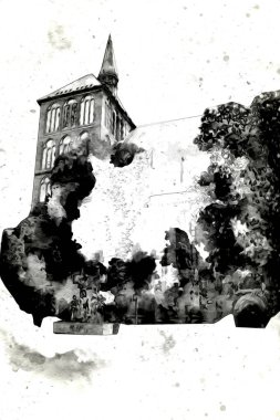 Kolobrzeg eski şehir, belediye binası, poland resim çizimi