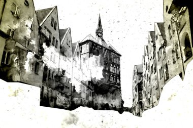 Kolobrzeg eski şehir, belediye binası, poland resim çizimi