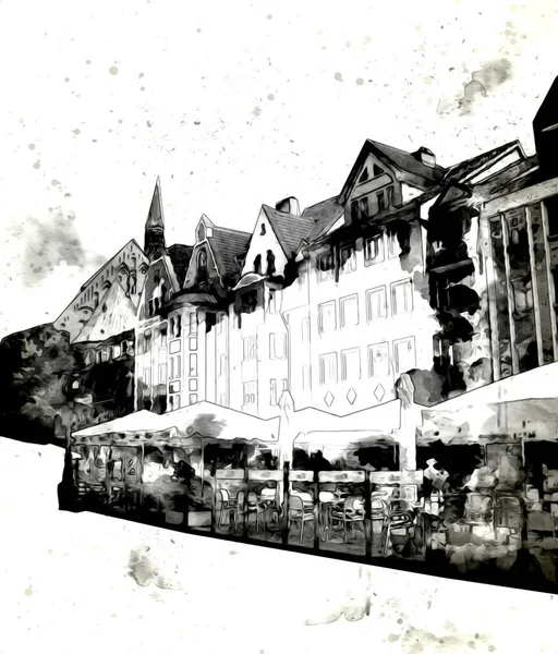 Kolobrzeg Old City Town Hall Poland Art Illustration Drawing Sketch — Stock Photo, Image