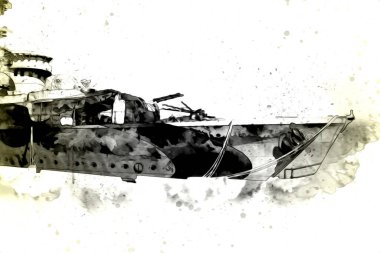 Savaş gemisi deniz illüstrasyonu antika sanat eseri çizimi