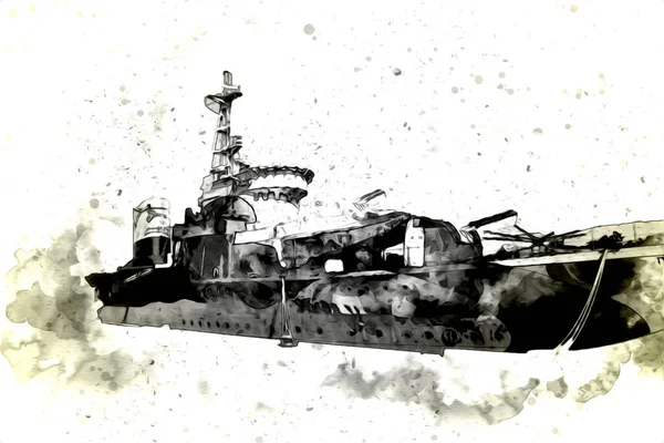 Battleship Mar Ilustração Antiguidade Vintage Arte Desenho — Fotografia de Stock