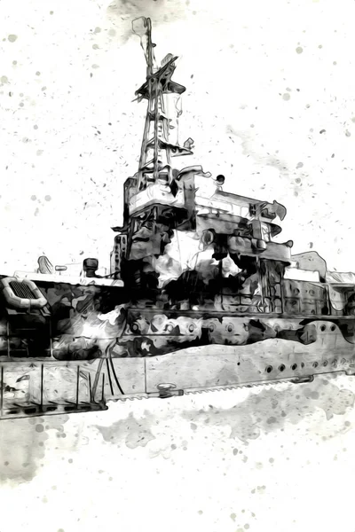 Battleship Mar Ilustração Antiguidade Vintage Arte Desenho — Fotografia de Stock