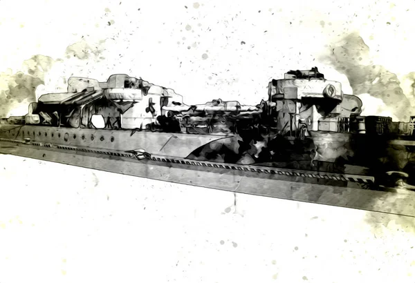 Battleship Mer Illustration Antique Vintage Art Dessin — Photo