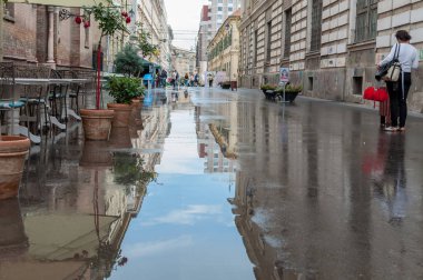 Timisoara, Romanya - 23 Temmuz 2014: Sokakta yürüyen insanlar. Yağmurdan sonra. Gerçek insanlar.