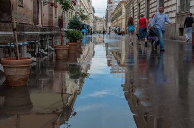 Timisoara, Romanya - 23 Temmuz 2014: Sokakta yürüyen insanlar. Yağmurdan sonra. Gerçek insanlar.