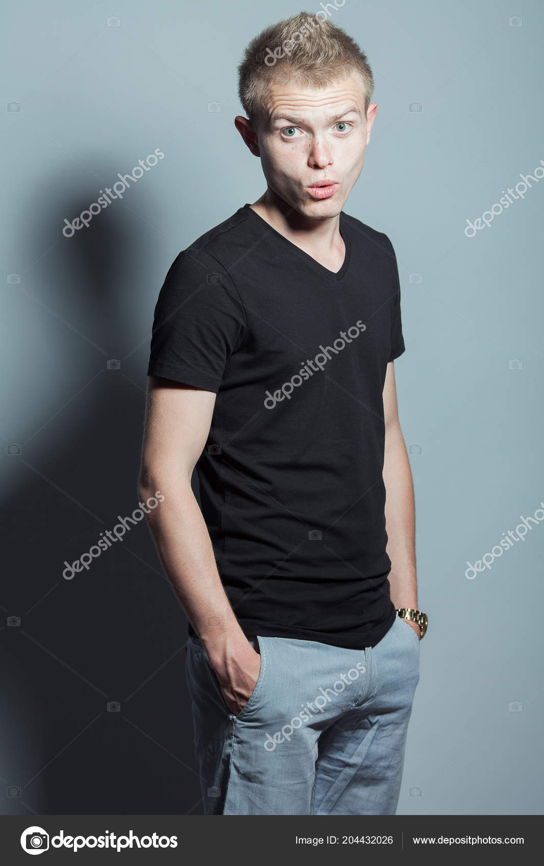 God Concept Portrait Funny Smiling Young Man Short Blond Hair