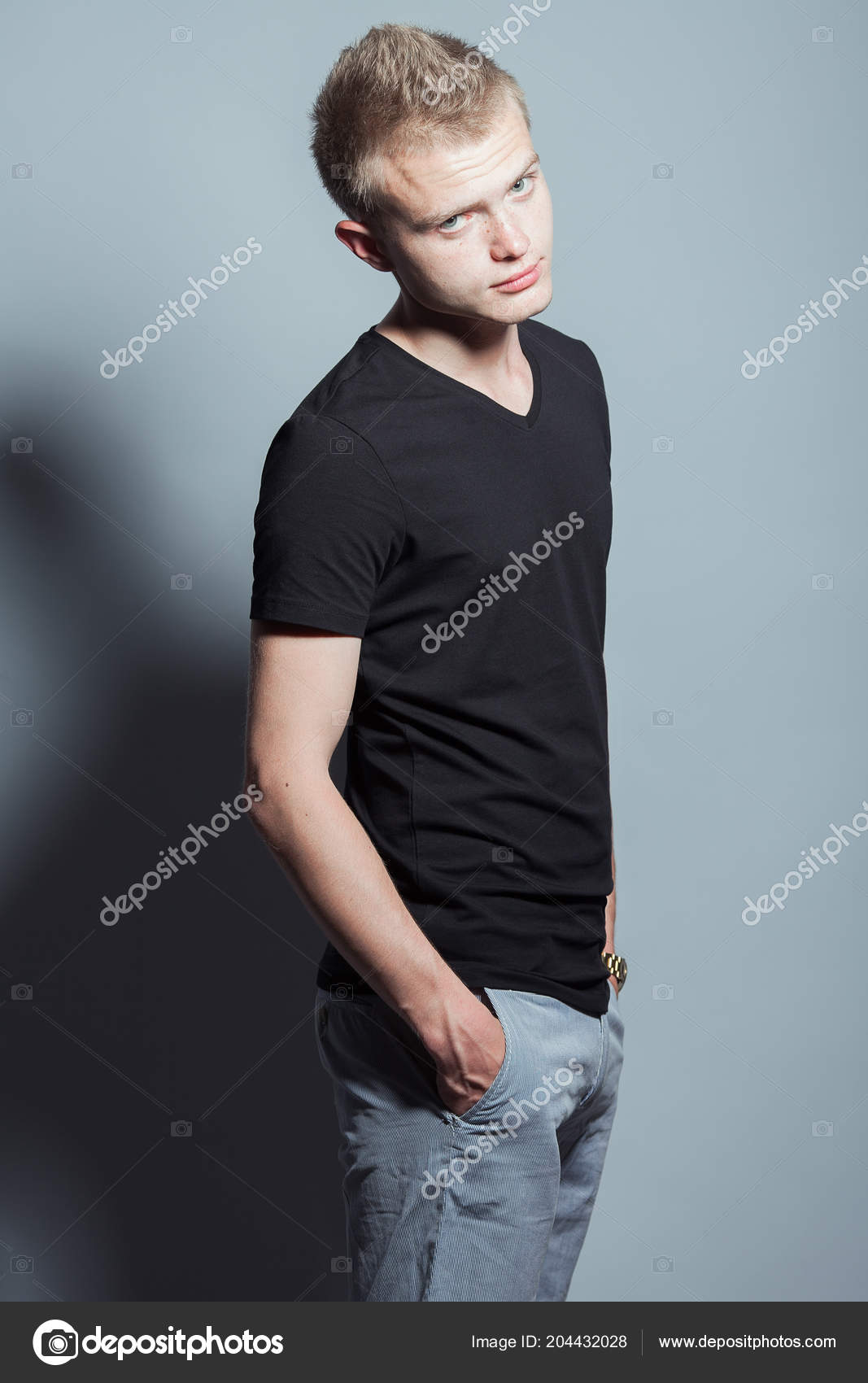 Portrait Funny Smiling Young Man Short Blond Hair Freckles Face