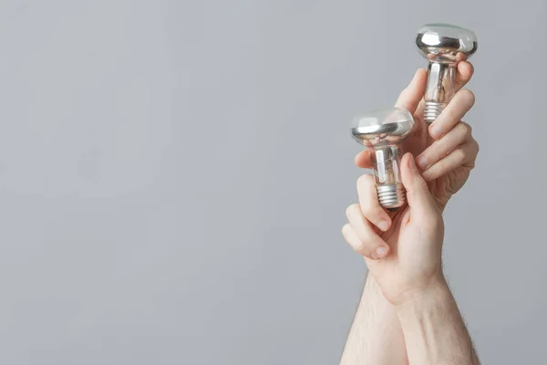 Saving Energy Concept Young Man Hands Holding Glass Lamps Light — Stock Photo, Image