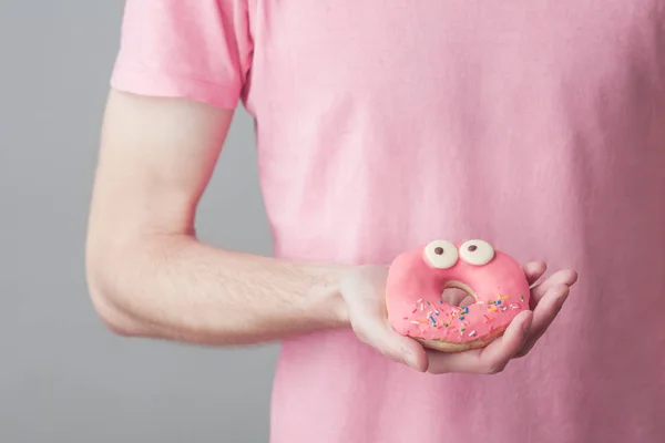 Take Donuts Concept Young Hipster Guy Eating Funny Pink Glazed — Stock Photo, Image