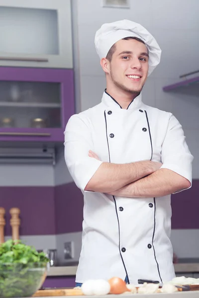 Portrait Funny Smiling Man Cook Uniform Crossed Hands Posing Modern — Stock Photo, Image