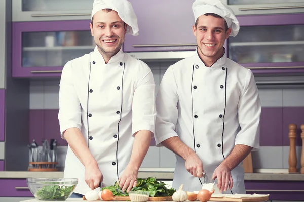 Cooking Process Concept Portrait Two Funny Working Men Cook Uniform — Stock Photo, Image
