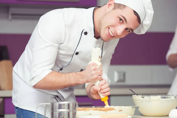 Tiramisu Cooking Passing Exam Concept Portrait Smiling Trainee Cook Uniform — Stock Photo, Image