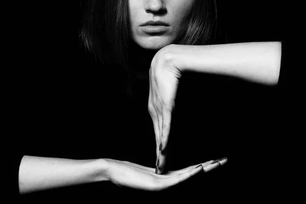 Close Portrait Young Woman Showing Signs Hands Isolated Black Background — Stock Photo, Image