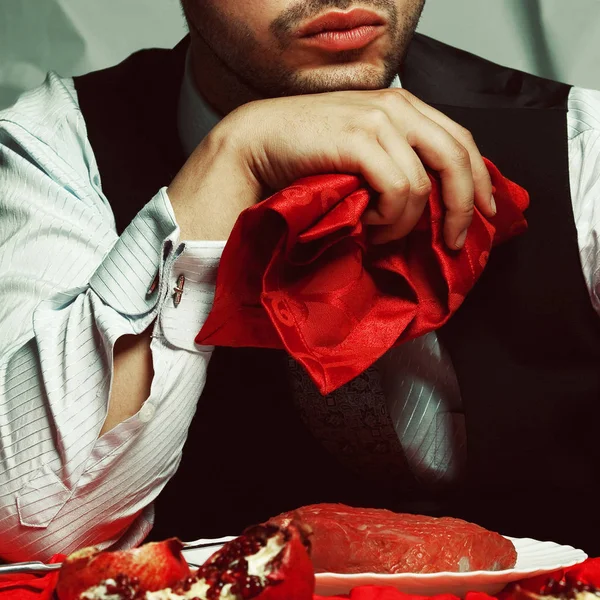 Baroque Supper Blue Blood Aristocrat Portrait Satisfied Handsome Man Eating — Stock Photo, Image