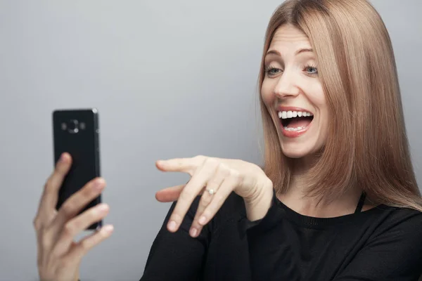 Funny Blogger Concept Close Portrait Joking Woman Long Chestnut Hair — Stock Photo, Image