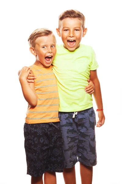 Ready for vacation concept. Portrait of two funny screaming boys — Stock Photo, Image