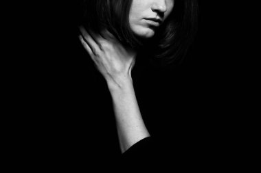 #metoo movement concept. Closeup portrait of young woman hiding face clipart