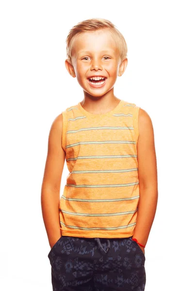 Mom's joy concept. Portrait of laughing cute little boy in orange sleeveless T-shirt — Stock Photo, Image