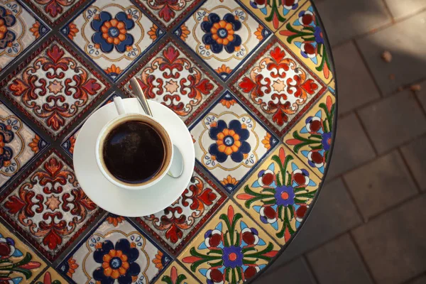 Cup Tasty Black Coffee Table Made Beautiful Ceramic Tiles Close — Stock Photo, Image