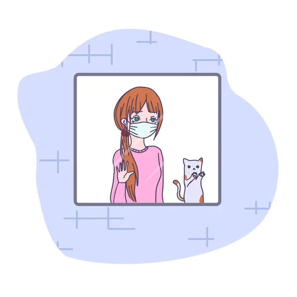 Chica joven que se queda en casa con el gato — Vector de stock