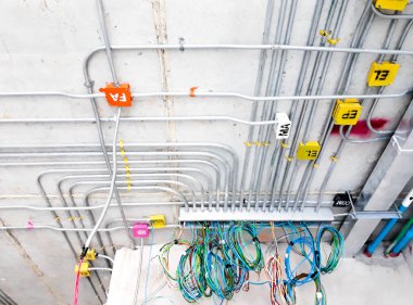 Bina, boru hattı inşaat elektrik hatları güç ve duvar ement inşaat etiketinde ev