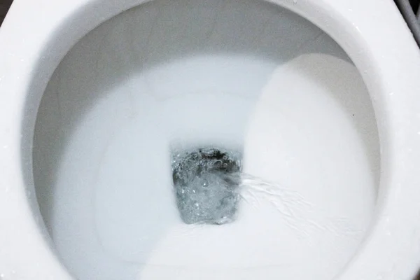 Selective Focus Close Flushing Toilet Bowl Sanitary Toilet Flushing Water — Stock Photo, Image