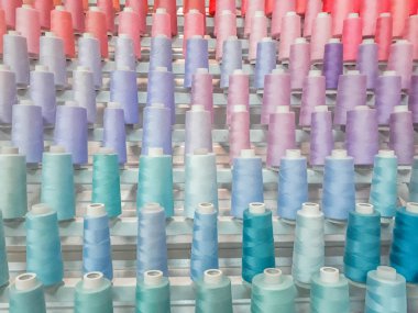 Pamuk, pamuk iplikleri, çok renkli pamuk iplikleri, arka plan için çok renkli pamuk iplikleri, mağazadaki renklere göre dizilmiş çok renkli pamuk iplikleri, duvardaki çok renkli dikiş iplikleri