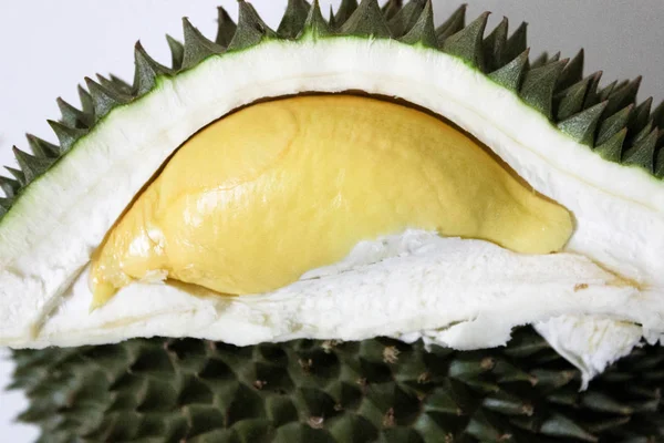 Durian Φρούτα Βασιλιάς Των Φρούτων Κίτρινο Κρέας Λευκό Φόντο Φρέσκο — Φωτογραφία Αρχείου