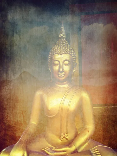 金色の仏像 金色の仏像の顔 宗教の概念の芸術に木製の壁の背景を持つ古いタイの仏像の近く — ストック写真