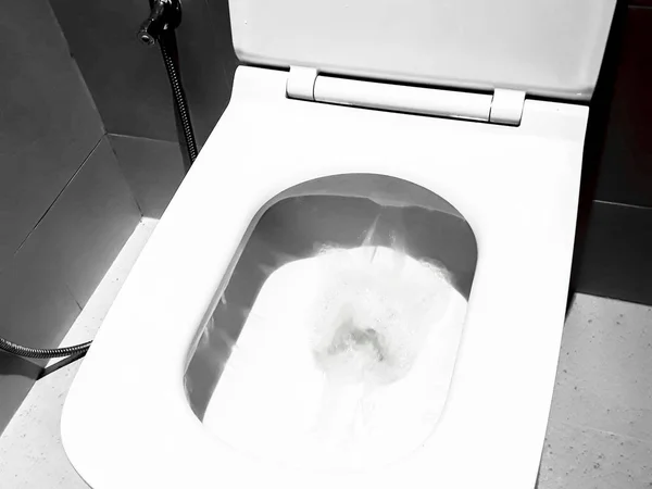 Splachovací Voda Splachovací Detailní Pohled Bílá Toaleta Bílá Toaleta Koupelně — Stock fotografie