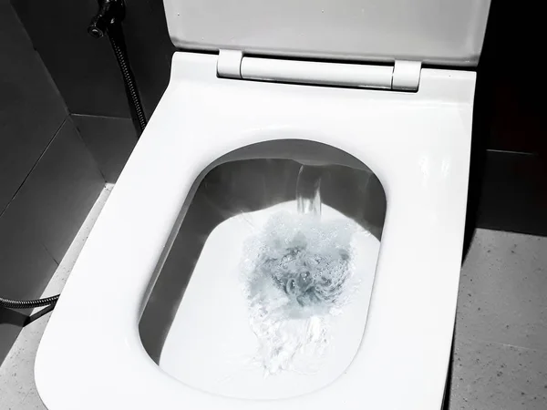 Toilet Flushing Water Flush Toilet Closeup Look Toilet White Toilet — Stock Photo, Image