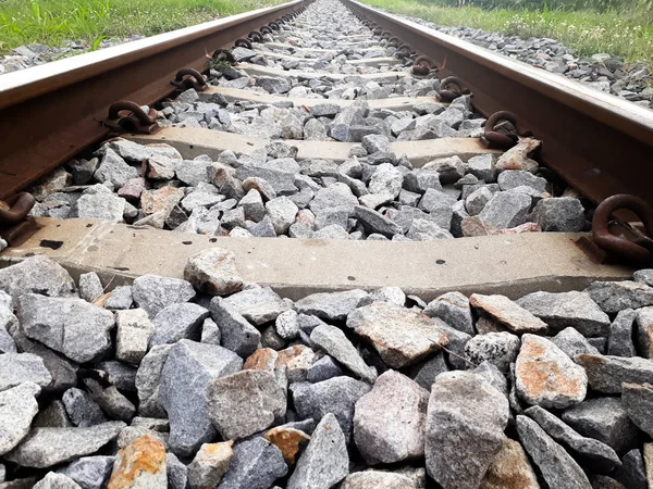 Railroad tracks, Close up on part of railroad track from top view, Close up of empty straight railroad track. Perspective view, Looking into the distance through the forest by way of the railroad tracks. Destination unknown