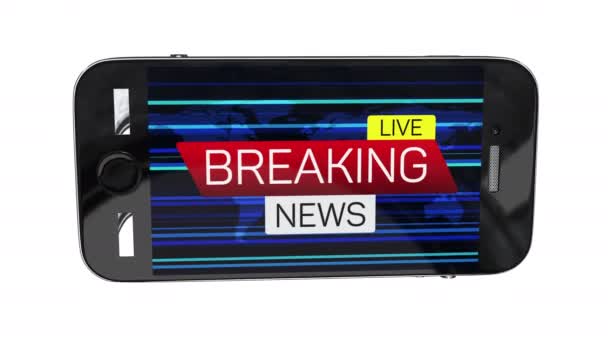 Smartphone met het breken van nieuws live banner op de wereldkaart — Stockvideo