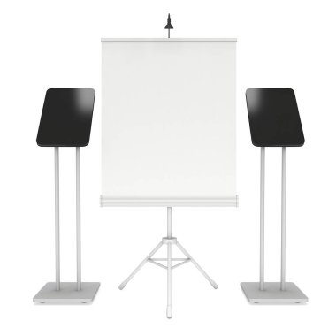 Boş rulo afiş ayağa lcd Kiosk ile. Beyaz ve boş Fuar. 3d render illüstrasyon izole beyaz arka plan üzerinde. Şablon mockup tasarım için.