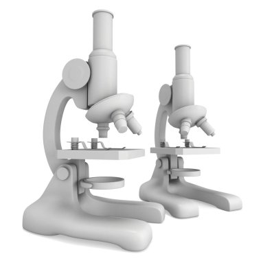 Mikroskop biyoloji okul Labaratuar donanımları. Bilim Eğitim sembolü. 3d render üzerinde beyaz izole