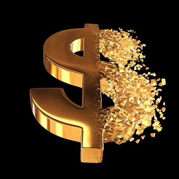 Fractured Gold Dollar value with disappearing effect. Financial crisis concept. 3d render on black background