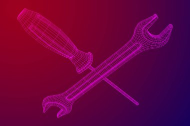 İngiliz anahtarı ve tornavida. Somun anahtarı onarım aracı. Tamirci ya da mühendis aletleri. Servis Tel kafes düşük poli kafes vektör çizim destek