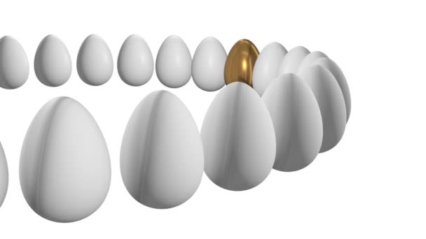 Golden egg in a row of the white eggs. 3D. — Stock Video