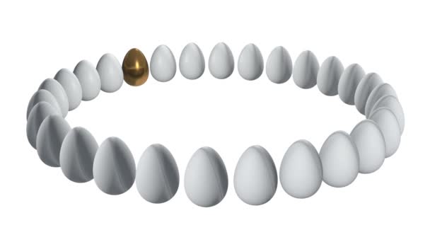 Golden egg in a row of the white eggs. 3D. — Stock Video