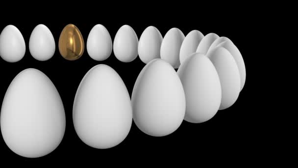 Golden egg in a row of the white eggs. 3D. — Stock Video