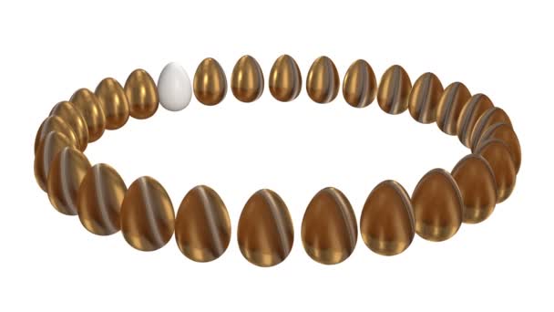 White egg in a row of the golden eggs. 3D. — Stock Video