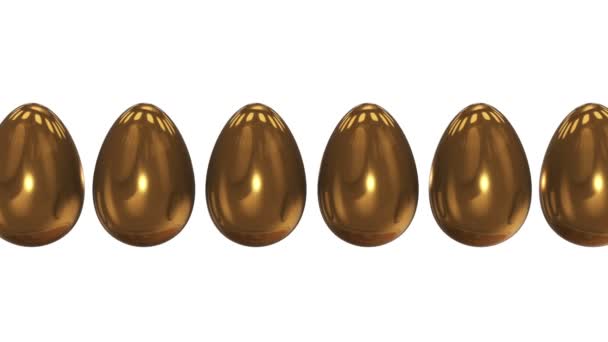 White egg in a row of the golden eggs. 3D. — Stock Video